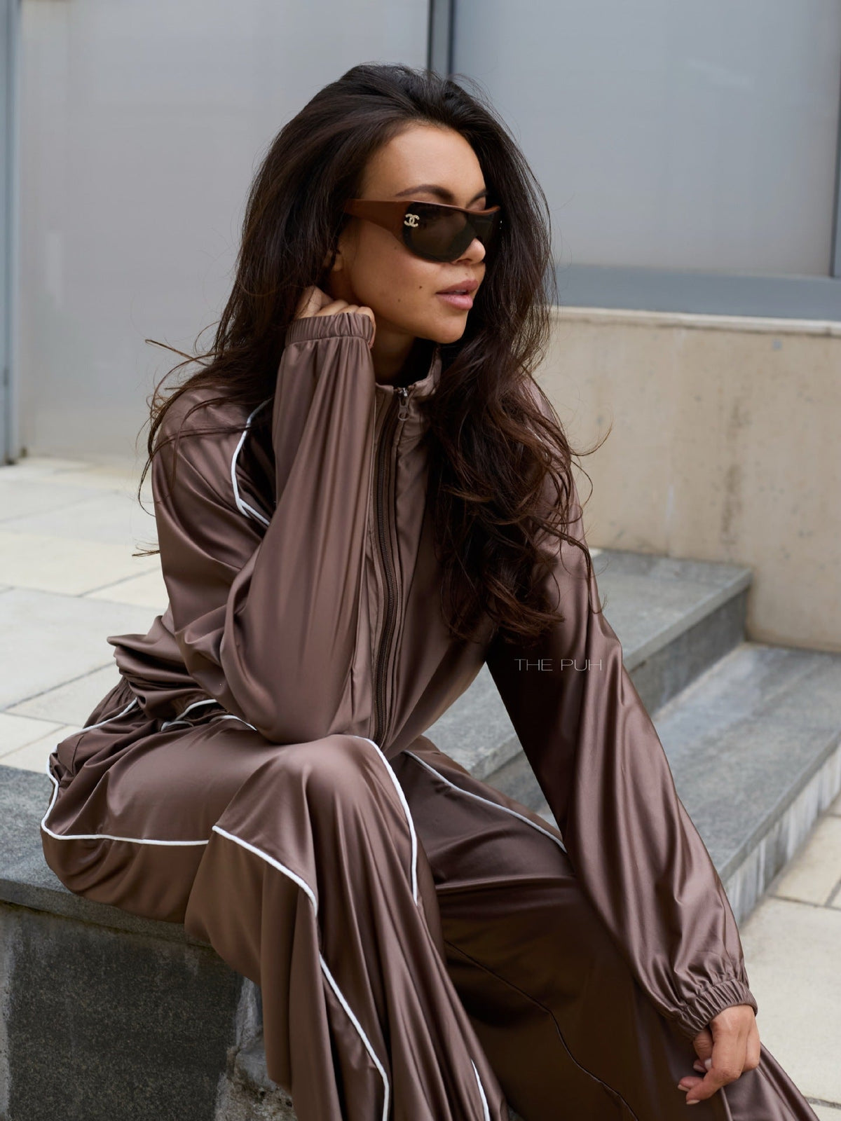 Women's Satin-Finish Zip Track Jacket & Wide-Leg Pants Set