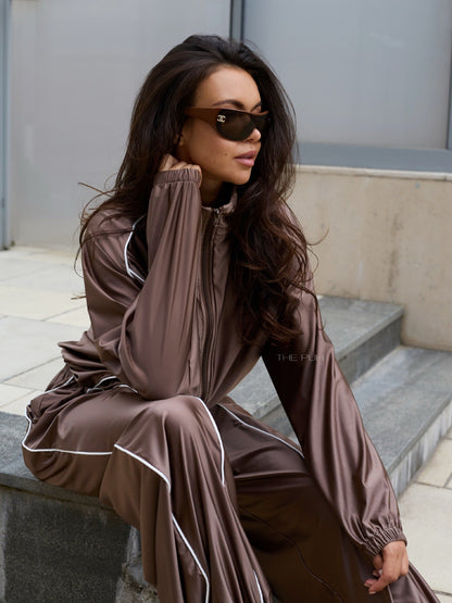 Women's Satin-Finish Zip Track Jacket & Wide-Leg Pants Set