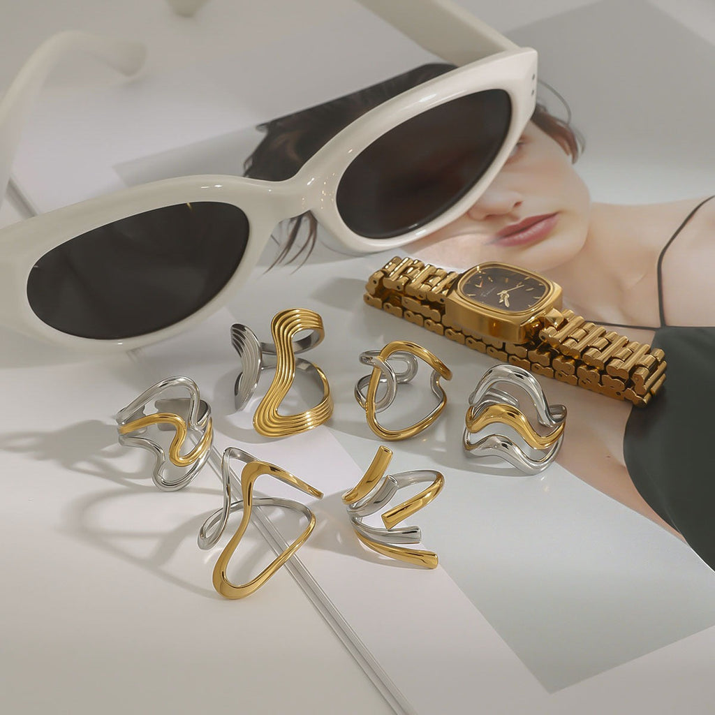 18K gold geometric lines with gold and silver color matching design simple and elegant ring