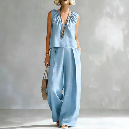 Women's Sleeveless Cotton-Linen Shirt & Pants Set – Urban 2-Piece