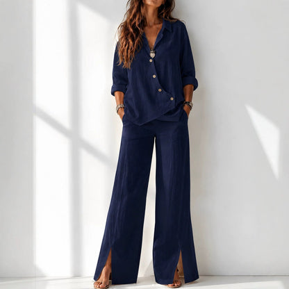 Women's Asymmetrical Long-Sleeve Top & Wide-Leg Pants Set