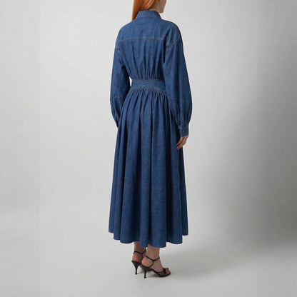 Women's Denim Puff Sleeve Shirt Dress with Belt