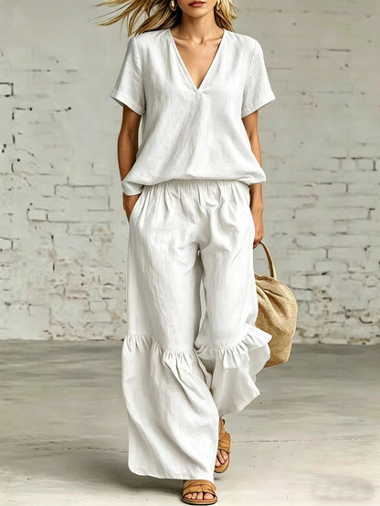 V-Neck Loose Short-Sleeve Top & Pants Set – 7 Colors, S–5XL
