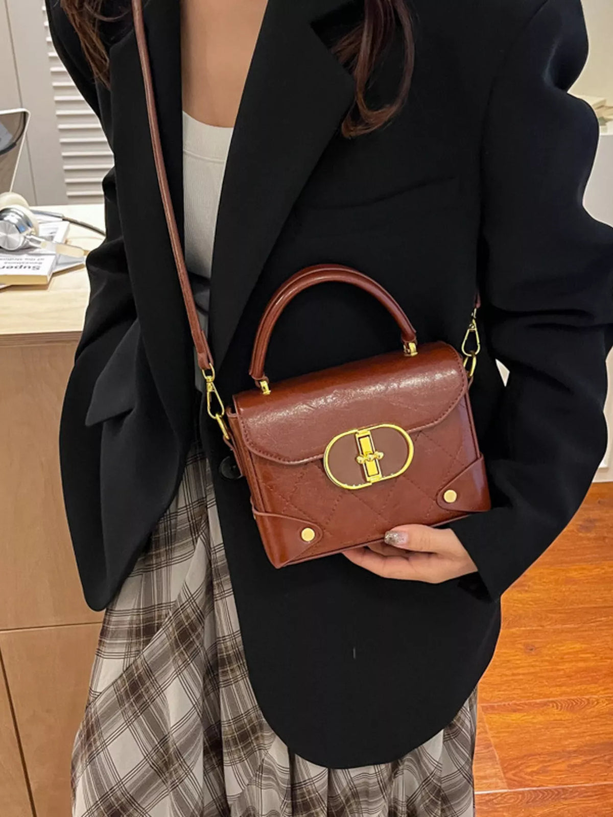 Quilted Pattern Top Handle Crossbody Bag