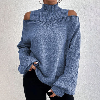 Women’s Elegant Off-Shoulder Turtleneck Sweater — Long Sleeve Knit Top