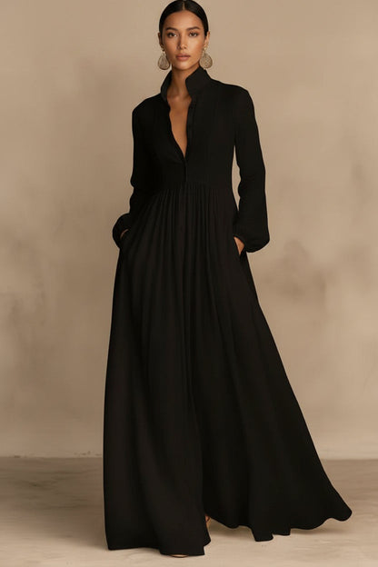 Women's French Style Long Sleeve Pleated A-Line Maxi Dress