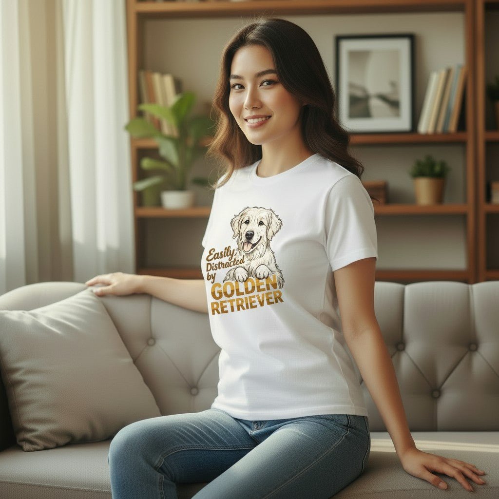 Easily Distracted By Golden Retriever Women Graphic T-Shirt Cotton Pet Lover Casual Top