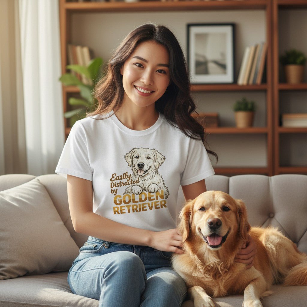 Easily Distracted By Golden Retriever Women Graphic T-Shirt Cotton Pet Lover Casual Top