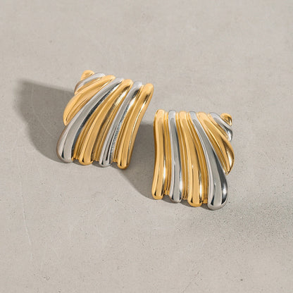 18K gold geometric shape with gold and silver color matching design classic personality earrings
