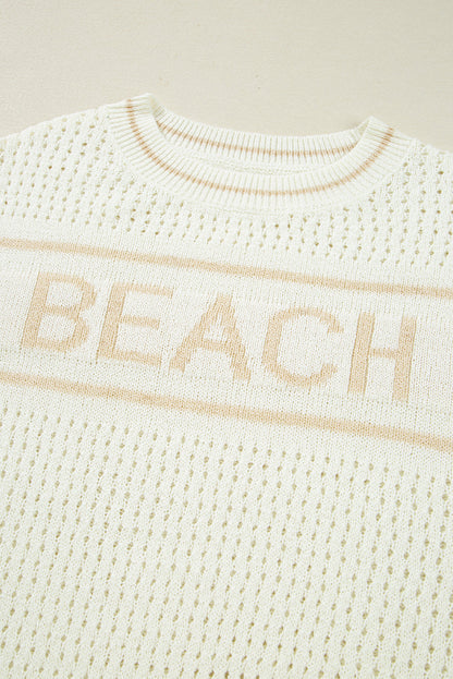 White BEACH Hollow Out Knitted Lightweight Dolman Sweater