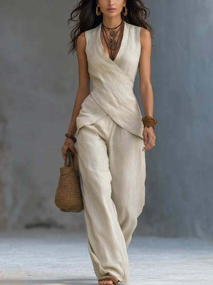 Women's V-Neck Crossover Tank Top & Casual Trousers Two-Piece Set