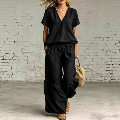 V-Neck Loose Short-Sleeve Top & Pants Set – 7 Colors, S–5XL