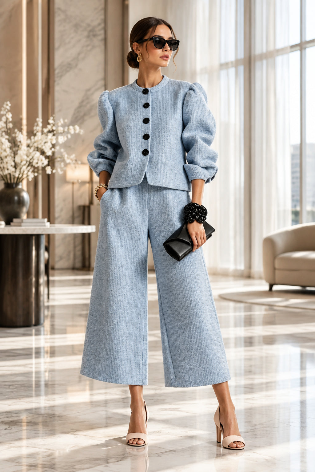 Women's Textured Puff-Sleeve Jacket & Cropped Wide-Leg Pants Set