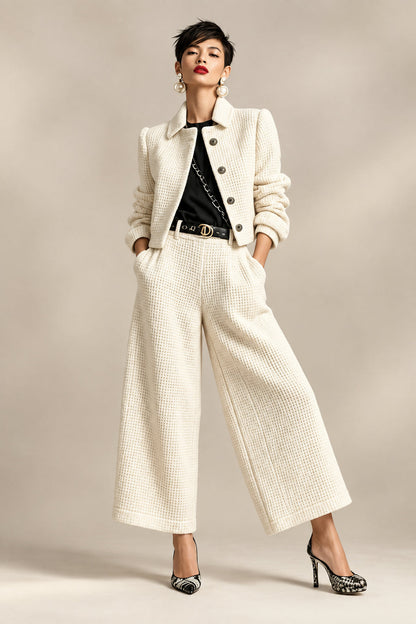 Women's Textured Cropped Jacket & Wide-Leg Pants Set