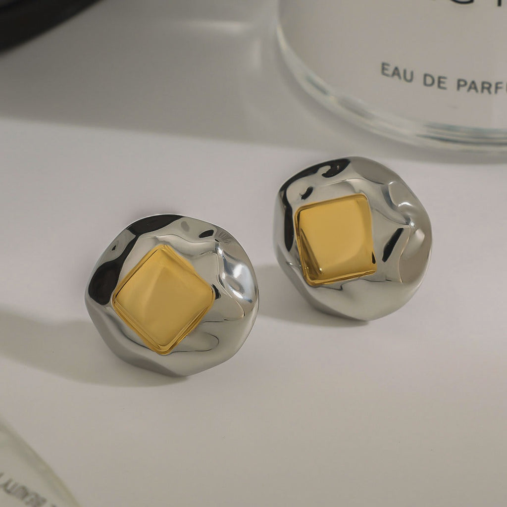 18K gold geometric inlay with gold and silver color matching design unique personality earrings