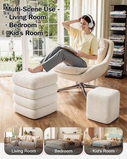 Two-Piece Nesting Sherpa Storage Ottomans White Lid
