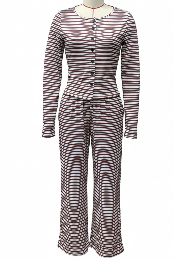 Women's Stripe Fitted Button-Front Crop Top & Drawstring Wide-Leg Pants Set