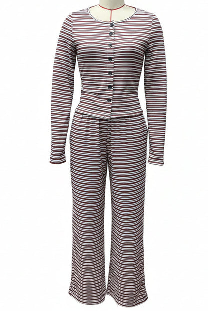 Women's Stripe Fitted Button-Front Crop Top & Drawstring Wide-Leg Pants Set