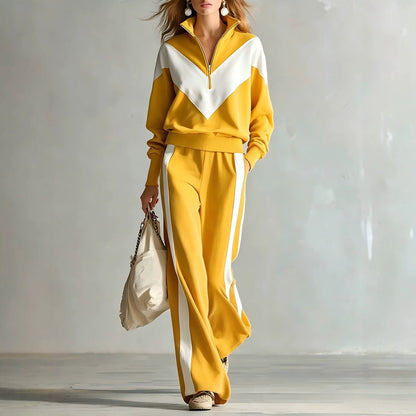 Women's Colour-Block Chevron Half-Zip Sweatshirt & Wide-Leg Side-Stripe Tracksuit Set