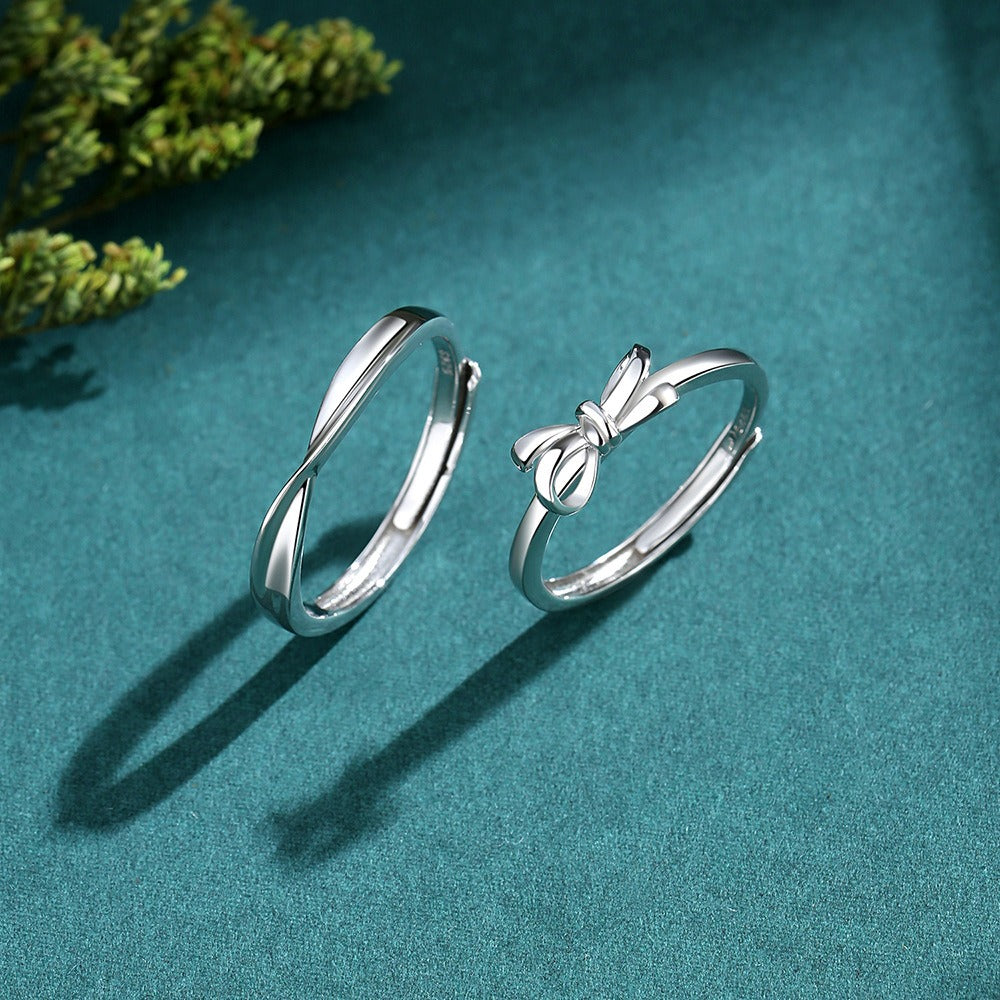 S925 silver heart knot entangled couple bowknot open ring
