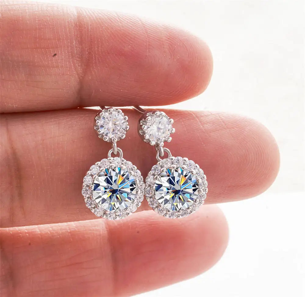 Moissanite Halo Drop Earrings in 925 Sterling Silver