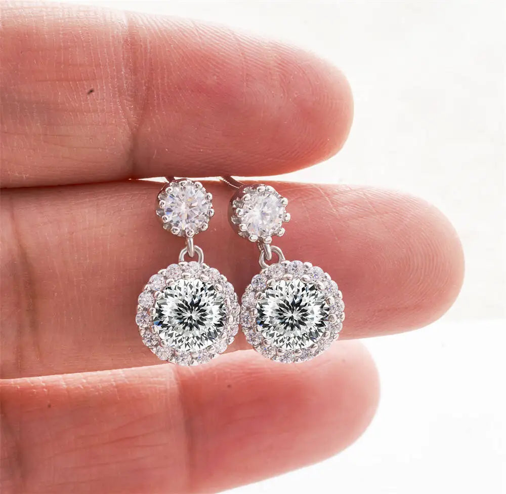 Moissanite Halo Drop Earrings in 925 Sterling Silver