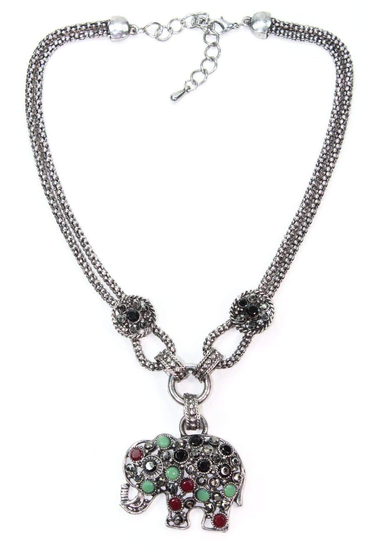 Elephant Pendant Necklace Silver Gemstone Boho Charm