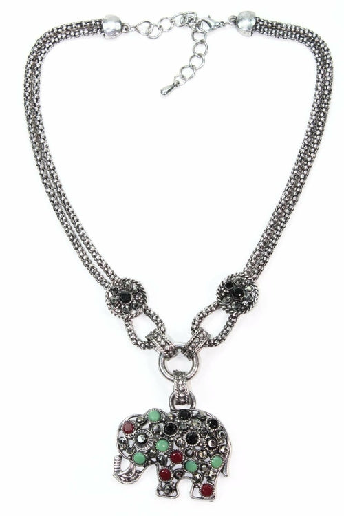 Elephant Pendant Necklace Silver Gemstone Boho Charm