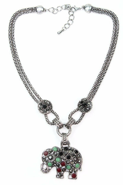 Elephant Pendant Necklace Silver Gemstone Boho Charm