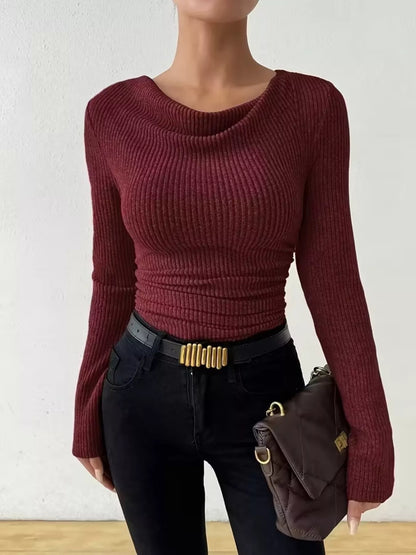 Cowl Neck Ribbed Long Sleeve Sweater
