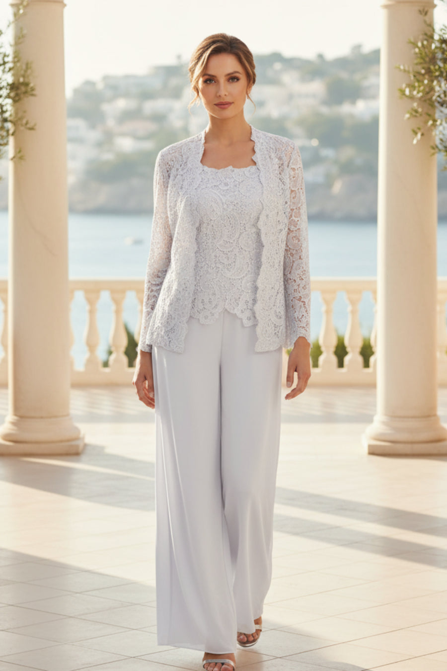 Women's Floral Lace Jacket & Top & Chiffon Wide-Leg Pants Three-Piece Formal Set – 12 Colors US0–14