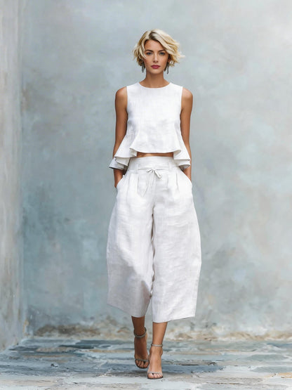 Women's Linen-Blend Sleeveless Two Piece Set with Ruffled Detailing
