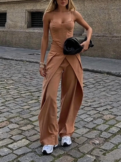 Spaghetti Strap Corset Top & Wide-Leg Pants Set – Camel, XS–2XL
