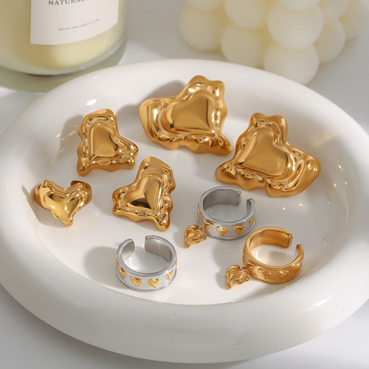 18K Gold Heart Design Trendy Personalized Earring and Ring Set