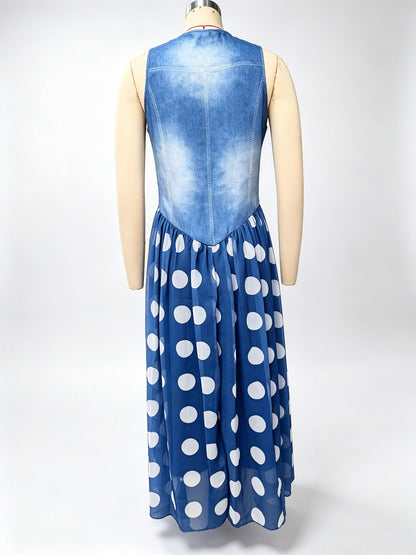 Denim Bodice Polka Dot Chiffon Skirt Sleeveless Midi Dress