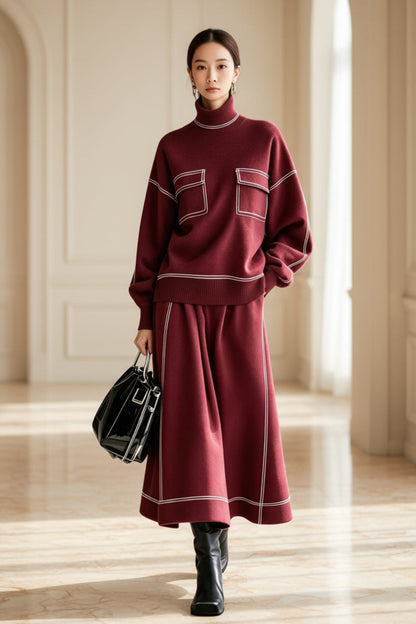 Women's Turtleneck Balloon-Sleeve Knit Top & A-Line Midi Skirt Set with Contrast Topstitching