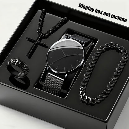 Men's Fashion Watch Ring Necklace Bracelet Set - Stainless Steel Jewelry Collection for Daily Wear