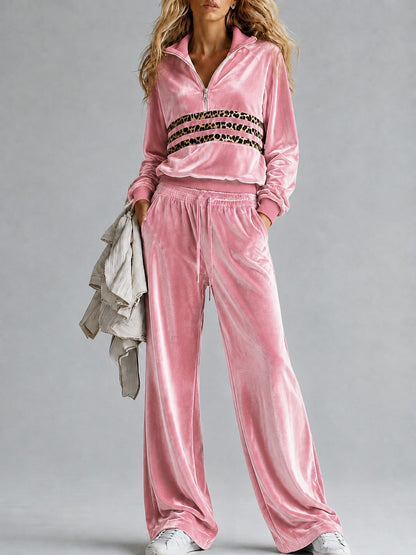 Women's Velvet Half-Zip Leopard Stripe Pullover & Wide-Leg Drawstring Trouser Tracksuit Set