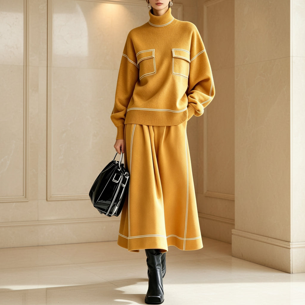 Women's Turtleneck Balloon-Sleeve Knit Top & A-Line Midi Skirt Set with Contrast Topstitching