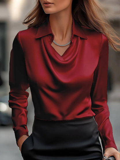 Long Sleeve Satin Swing Collar Top | Elegant Commuter Shirt