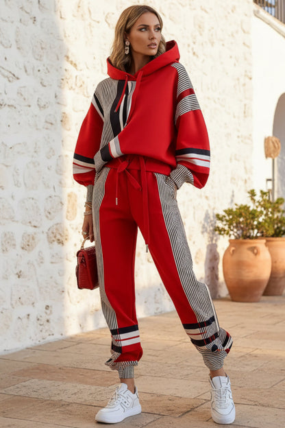 Women's Oversized Color-Block Stripe-Panel Hoodie & Jogger Pants Tracksuit Set