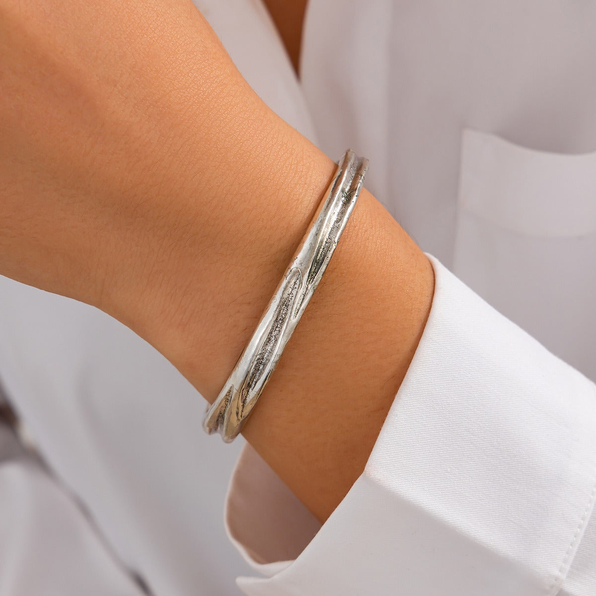 Double Ring Hollow Spring Open Bracelet Punk Style Round Bead Pendant Stacking Bracelet