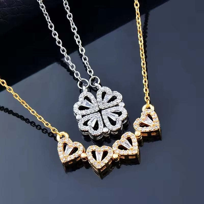 Heart-shaped four-leaf clover necklace with micro-inlaid zircon