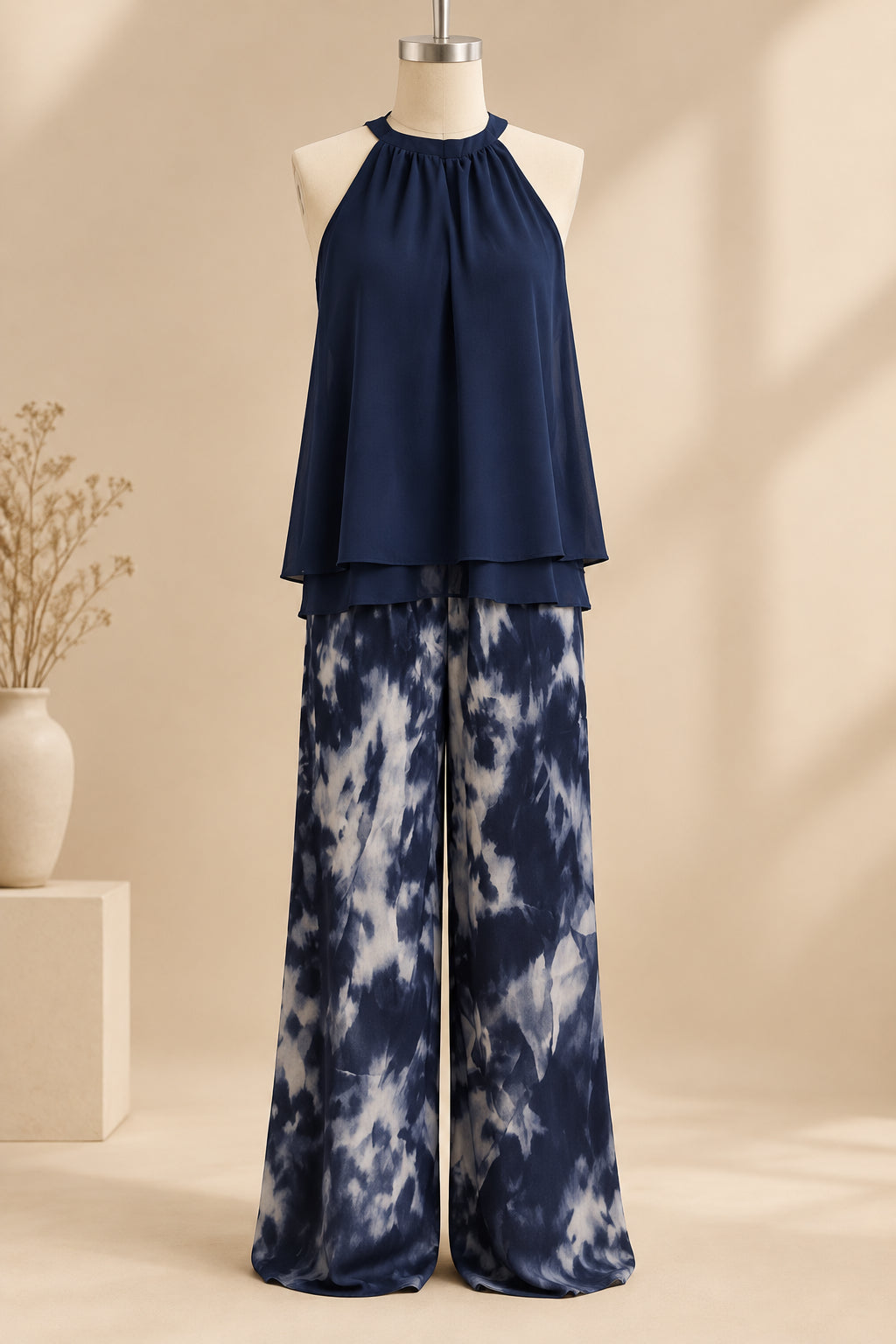 Women's Navy Ruffled Halter Top & Abstract-Print Palazzo Pants Set