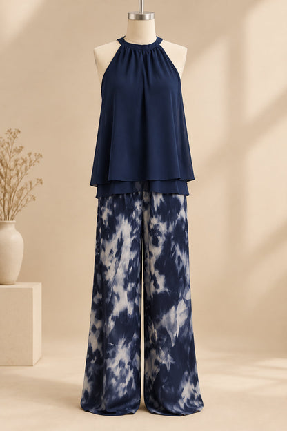 Women's Navy Ruffled Halter Top & Abstract-Print Palazzo Pants Set