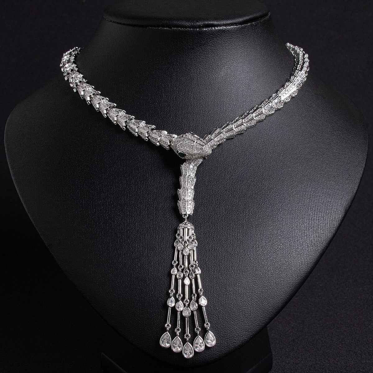 Serpentine Tassel Necklace with Diamonds and Zirconia