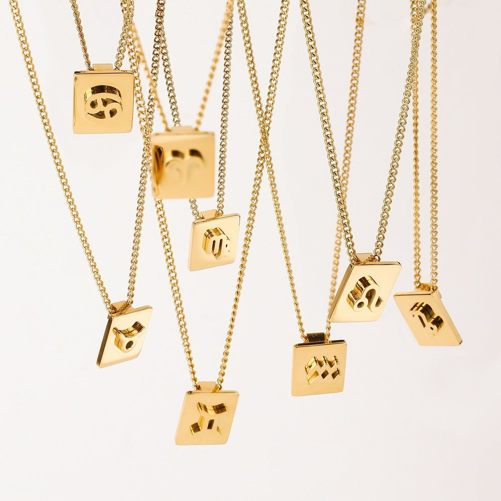 18K gold square necklace with twelve zodiac elements design, classic and fashionable