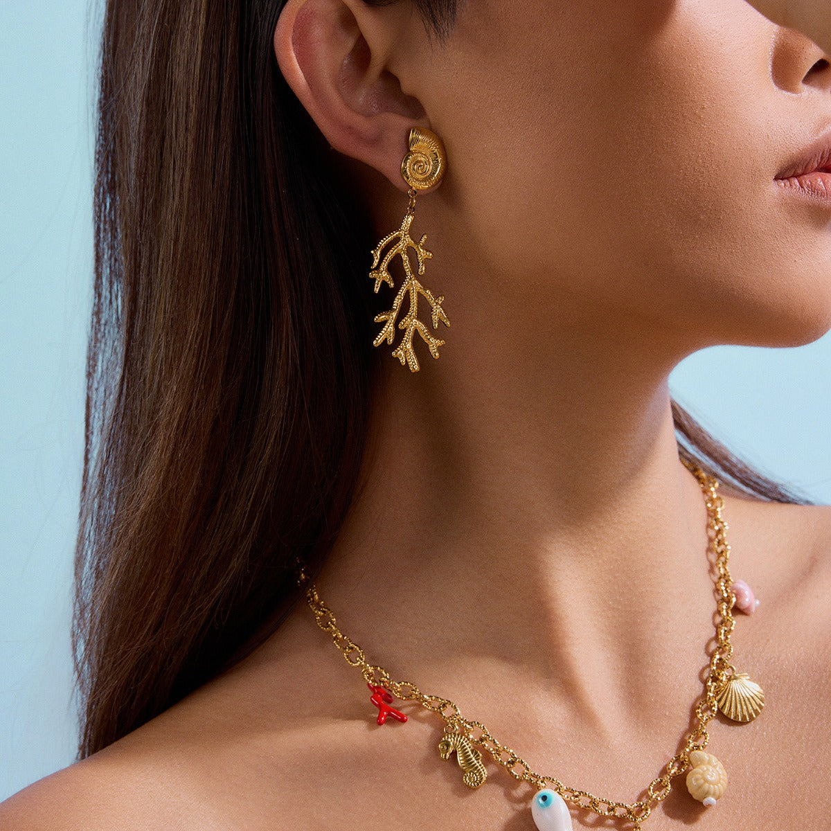 18K gold conch shell with coral design unique and noble earrings