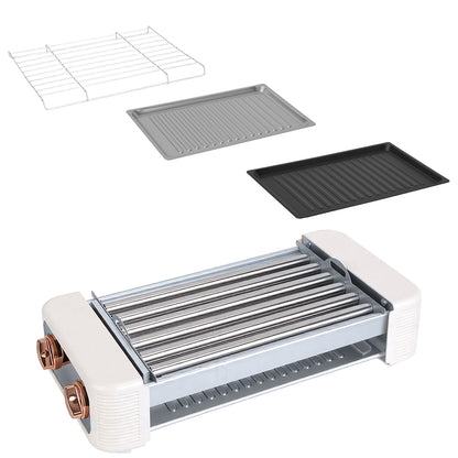 3 In 1 Electric Hot Dog Roller Machine with Grill & Griddle 6-Roller Hot Dog Cooker Smokeless Non-Stick Indoor Outdoor with 3 Temp Levels for BBQ Saus