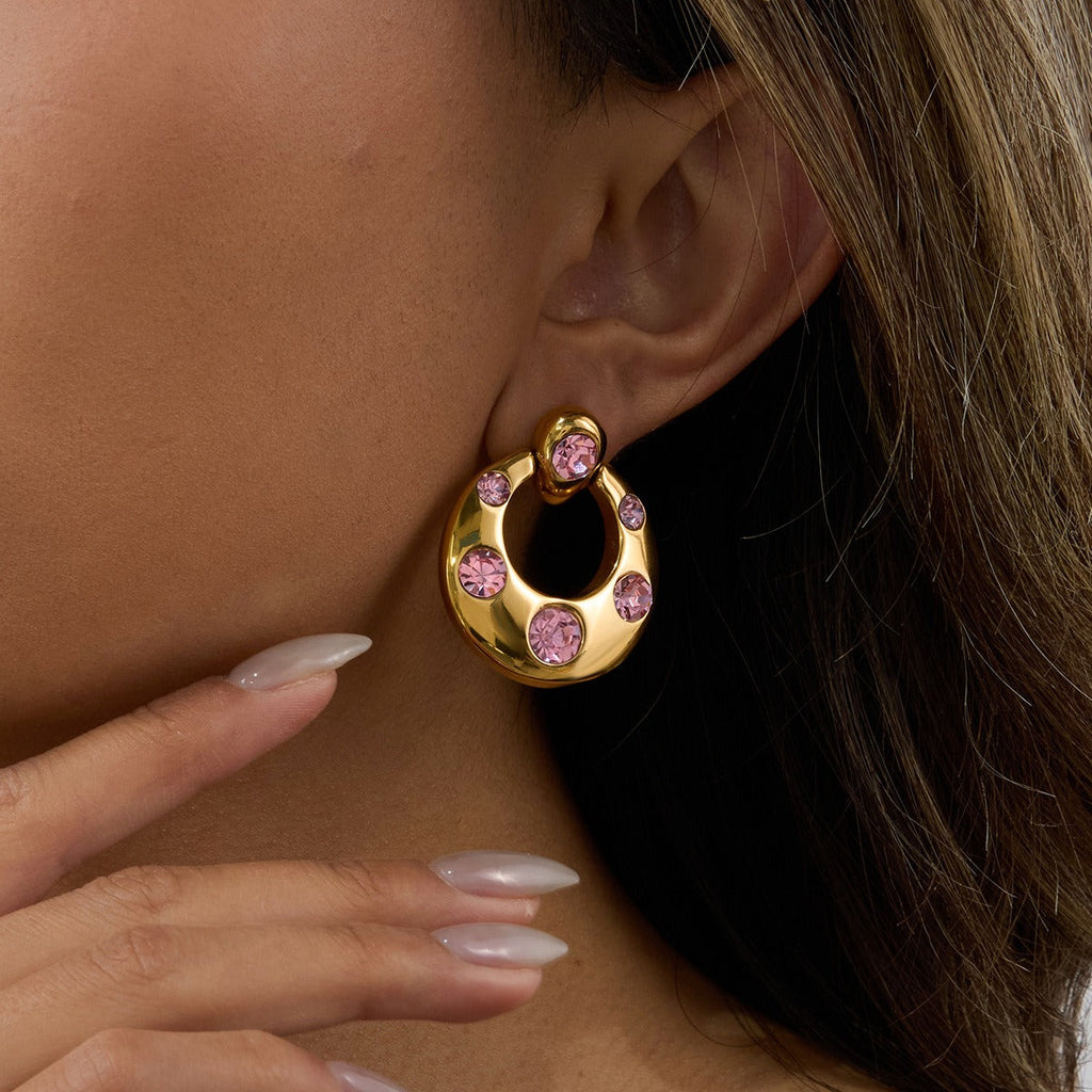 18K gold U-shaped inlaid gemstone design classic simple earrings